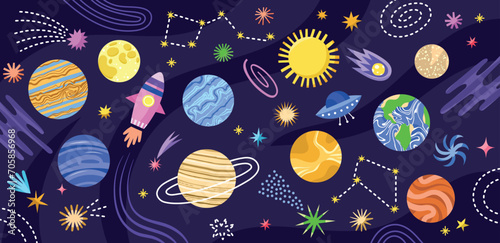 Cute space elements. Cartoon cosmic objects and planets, funny cosmic background, rocket and stars, childish astronomy items, vector set.eps
