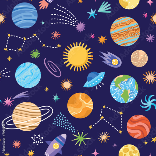 Cute planets pattern. Cartoon space elements, repeated cosmic objects, constellations, rockets, comets, stars, vector seamless background.eps