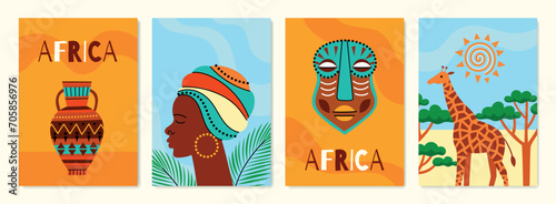 Decorative african elements posters. Traditional tribal objects, mask, female profile, clay vessel, giraffe, ethnographic item, vector cards.eps