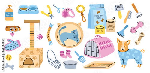 Different pets shop elements. Cartoon animals care accessories, bowls, carriers and collars, cat and dog food, toys and bowls, vector set.eps