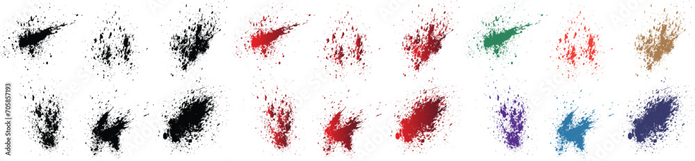 Brushstroke vector orange, purple, red, wheat, black, green color blood drop and splatter isolated grunge background