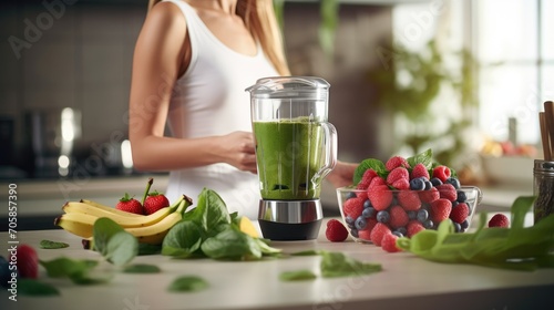 woman blending spinach, berries, bananas, and almond milk for a vibrant, healthy green smoothie.