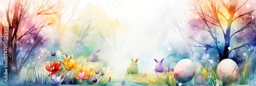 Watercolor Easter scene on light background  decorated eggs  with copy space  soft flowing colors merging together