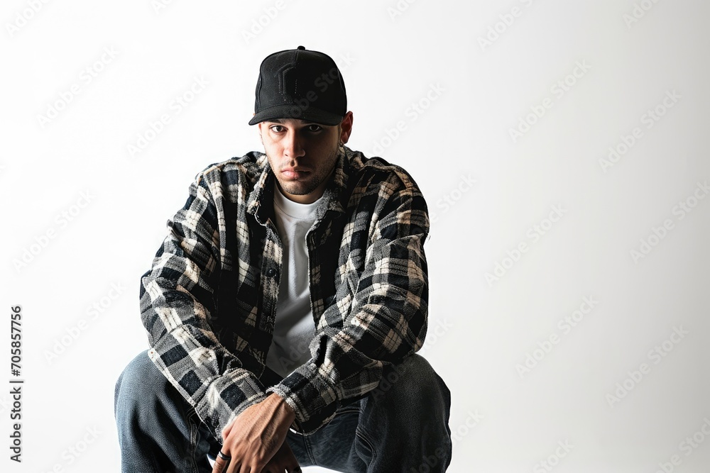 Hip-hop style portrait of an American man, urban and edgy, white background Hip-hop style portrait of an American man, urban and edgy, white background