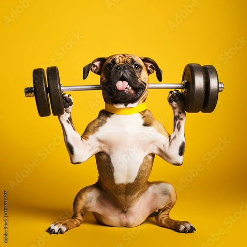 Dog lifting some weights on a yellow background. © DALU11