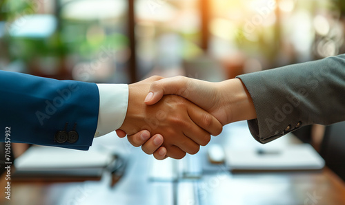 Close up two businesspeople shake hands, make commercial agreement, selling or buying services, conclude agreement, express respect, showing appreciation for successful negotiation. Investments © Alex Tihonov