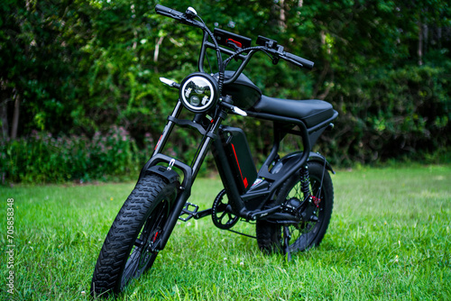 A sleek black electric bike, reminiscent of a moped, stands gracefully in a serene grassy landscape, surrounded by trees