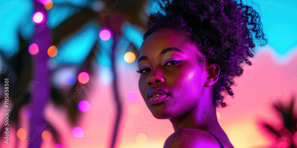 Girl at an outdoor party on vacation on an exotic beach, in neon lights, with palm trees in the background