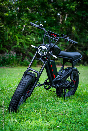 A sleek black electric bike, reminiscent of a moped, stands gracefully in a serene grassy landscape, surrounded by trees