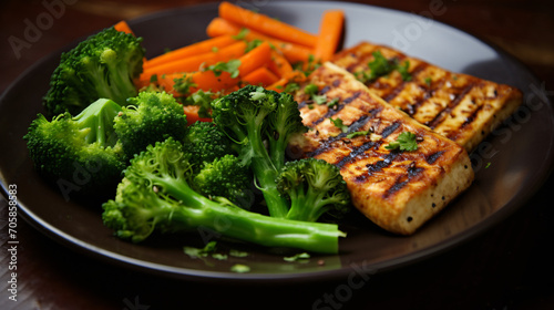 A plate of grilled tofu with a side of steamed vegetables symbolizing a balanced and protein-rich vegan meal.