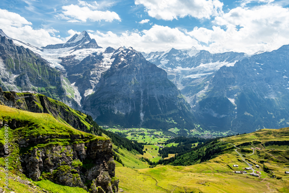 panoramic view of the Reeti and Faulhorn mountains from Grindelwald First (Switzerland) in summertime