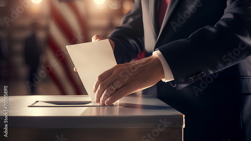 A hand placing a ballot into a sealed ballot box, US presidential election. photo