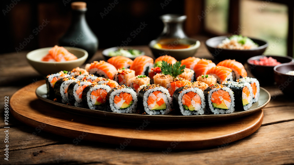 Japanese cuisine, beautiful large dish of sea fish sushi, generated by AI