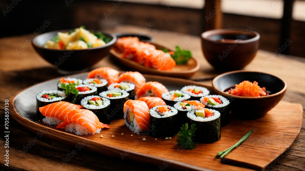 Japanese cuisine, beautiful dish with sushi and sea fish soy sauce, generated by AI Japanese cuisine, beautiful dish with sushi and sea fish soy sauce, generated by AI