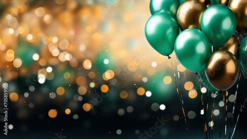 Festive Elegance: Teal and Gold Balloons with Glistening Bokeh Lights, Horizontal Poster or Sign with Open Empty Copy Space for Text 