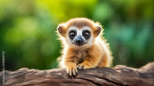 Funny and Cute Baby Lemur on a blurred green bokeh background. Close up of a little lemur on tree branch. Wildlife Photography. Concept of Animals, Wildlife Conservation