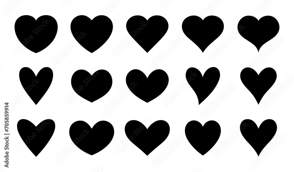 Set of hearts in black color, Black heart icons set vector, Set of 15 hearts of different shapes for web. Heart collection. Vector Art