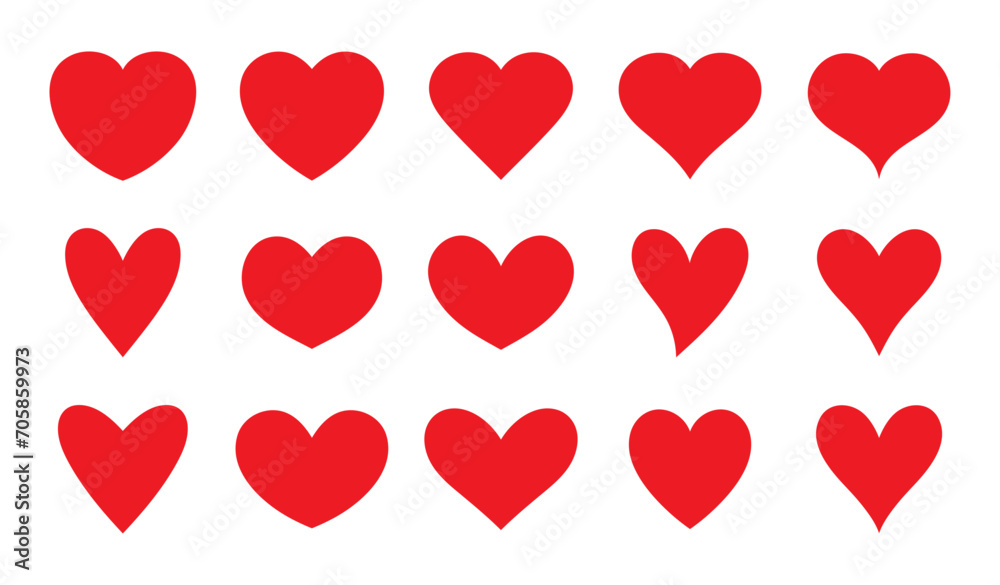 Set of hearts in red color, Red heart icons set vector, Set of 15 hearts of different shapes for web. Heart collection. Vector Art - obrazy, fototapety, plakaty 