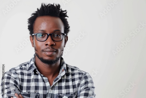 Scholarly portrait of an African man in academia, intelligent and learned, white background