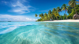 A serene beach with crystal-clear waters and palm trees at a tropical island.