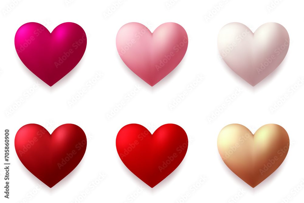 Set of multi-colored hearts. Design elements for greeting card for Valentine's Day, Mother's Day, wedding. Volumetric heart illustration on a white background.