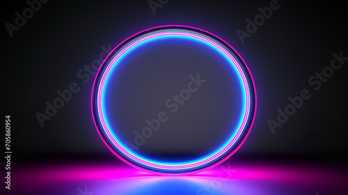 The image shows a sleek, modern neon circular frame glowing in pink and blue on a dark background, reflecting on a shiny surface beneath it with copy space. Background concept. AI generated.