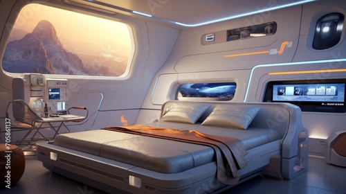 A futuristic-themed bedroom with a spaceship-inspired bunk bed, interactive control panels, and cosmic wall art, igniting curiosity.