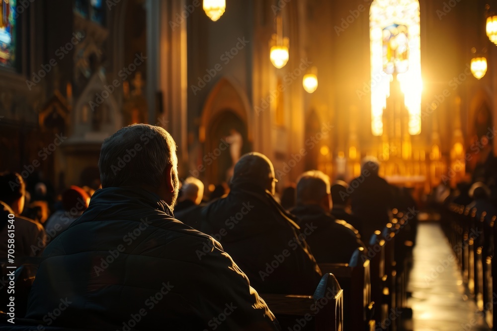 serene backview of christians immersed in prayer, at sunset, Generative AI