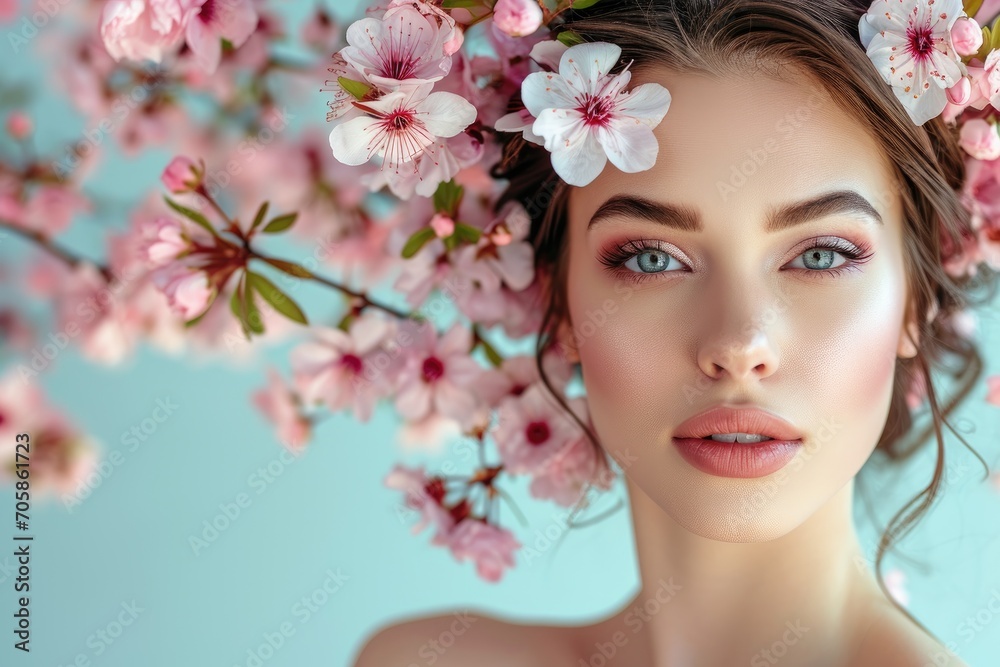 beautiful young woman - spring sale banner with copyspace