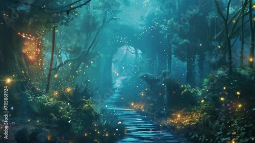 Enchanted forest pathway with mystical lights. Fantasy setting photo