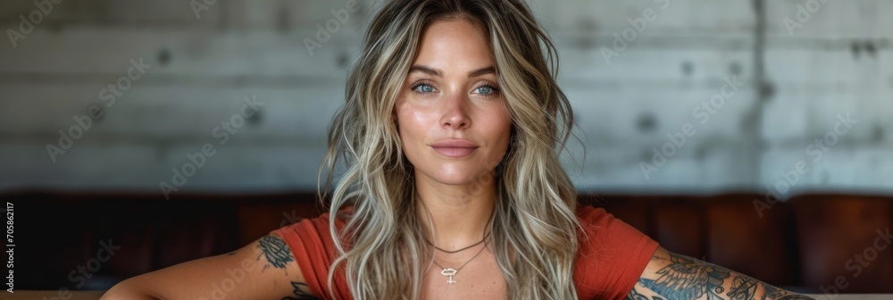 A Happy Nordic Woman joyfull, full-figured with long blonde hair Background - Showing Body Positive - Blue Eyes Crop Top and Tattoos on Arms - Cute Girl Wallpaper created with Generative AI Technology