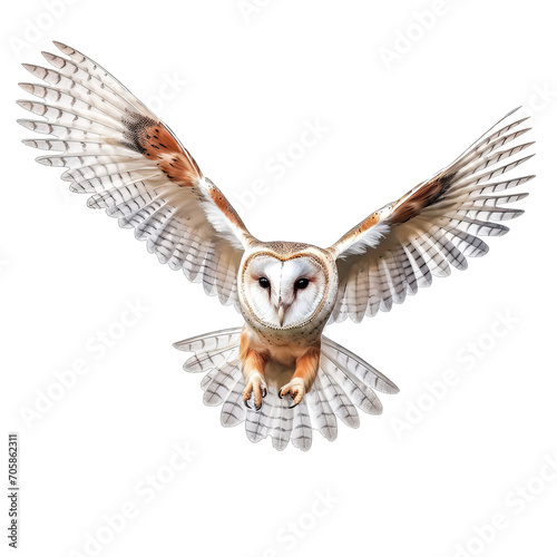 Barn Owl flying. bird of prey at night isolated on transparent background