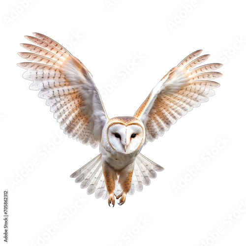Barn Owl flying. bird of prey at night isolated on transparent background
