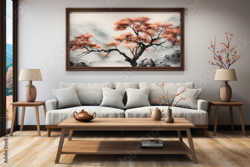 Immerse yourself in the beauty of nature within your living room as a simple frame displays a captivating painting that evokes a sense of calm and serenity.