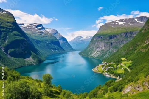 Beautiful views of Lovatnet lake in Geiranger, Norway. Generative AI photo