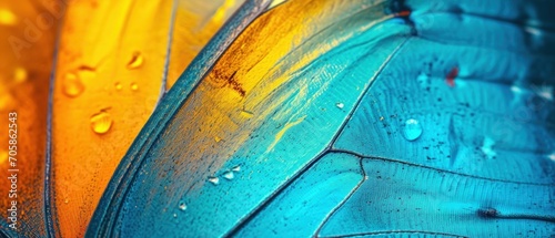  a close up of a blue and yellow butterfly wing with drops of water on it's wingtips.