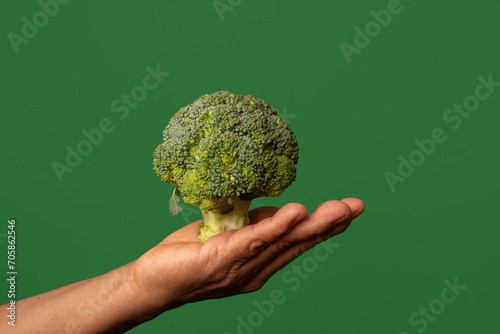 Green Wellness Grasp: Hand Holding Broccoli on a Vibrant Background