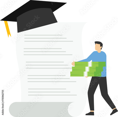Education loan illustration concept. Student character investing money in education, taking student loan from bank. University and tuition fees concept. Vector illustration.

