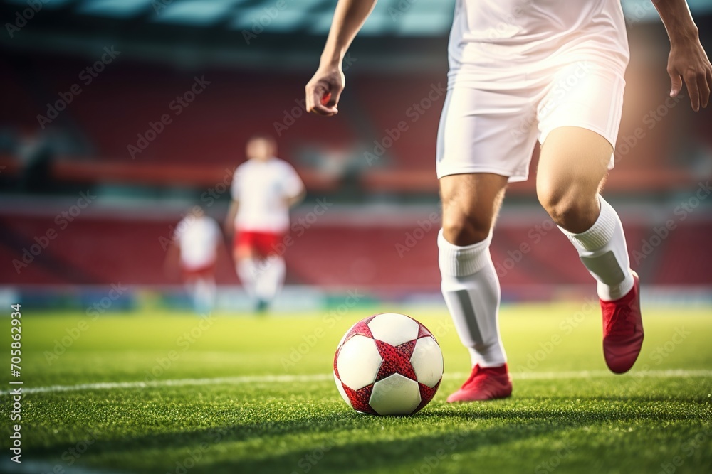 Fototapeta premium Dynamic soccer match in progress, focused on the players' feet and the ball