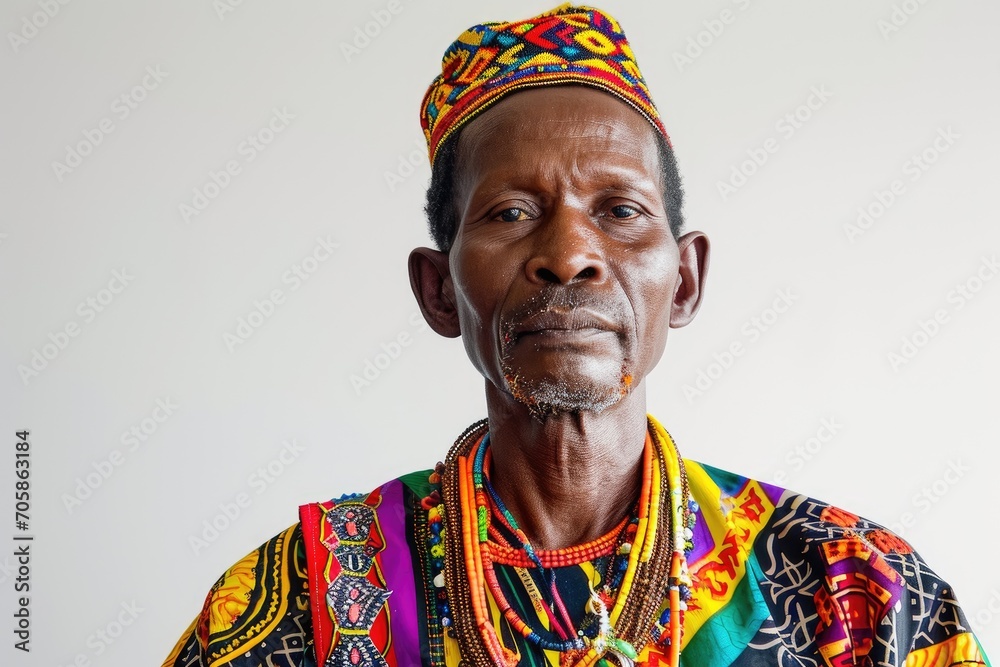 Traditional African portrait of a man in ethnic wear, cultural heritage, white background