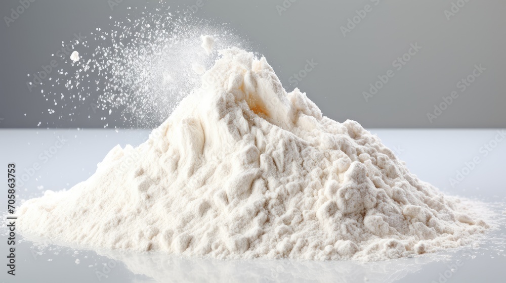 close-up of a pile of flour on a white background, highlighting the simplicity of this essential ingredient in culinary scenes. close-up of a pile of flour on a white background, highlighting the simplicity of this essential ingredient in culinary scenes.