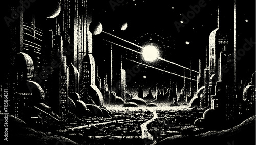 Retro futuristic city landscape in vintage sci-fi book style. Abstract cityscape in science fiction dotwork style