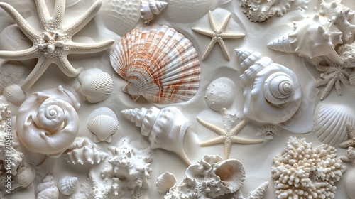 A collage of white seashells, coral, and sand dollars forming an intricate and coastal-inspired background for the designer's banner work. [Coastal collage]