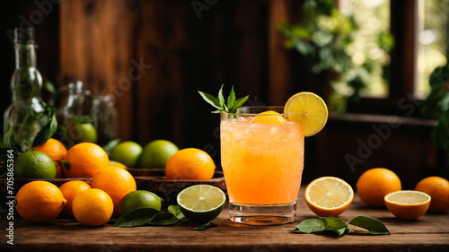 delicious fruit cocktail with pieces of lemon and orange, mint leaves, generated by AI