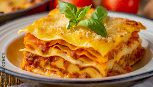 Lasagna on a white plate Italian food concept.