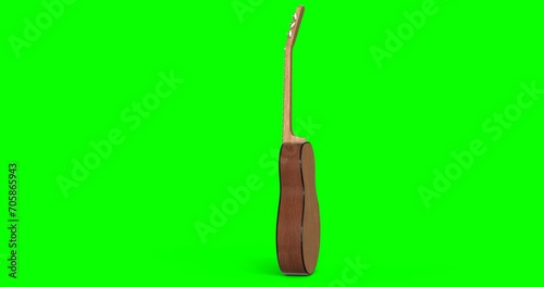 Rotation animation Photorealistic Guitar acoustic body on green background. Green chroma key. 3D render.