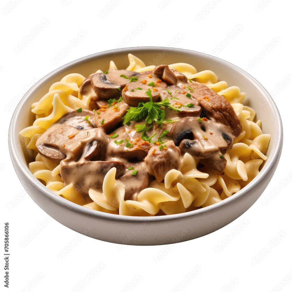 Beef Stroganoff, dish made from beef and noodles on transparent background