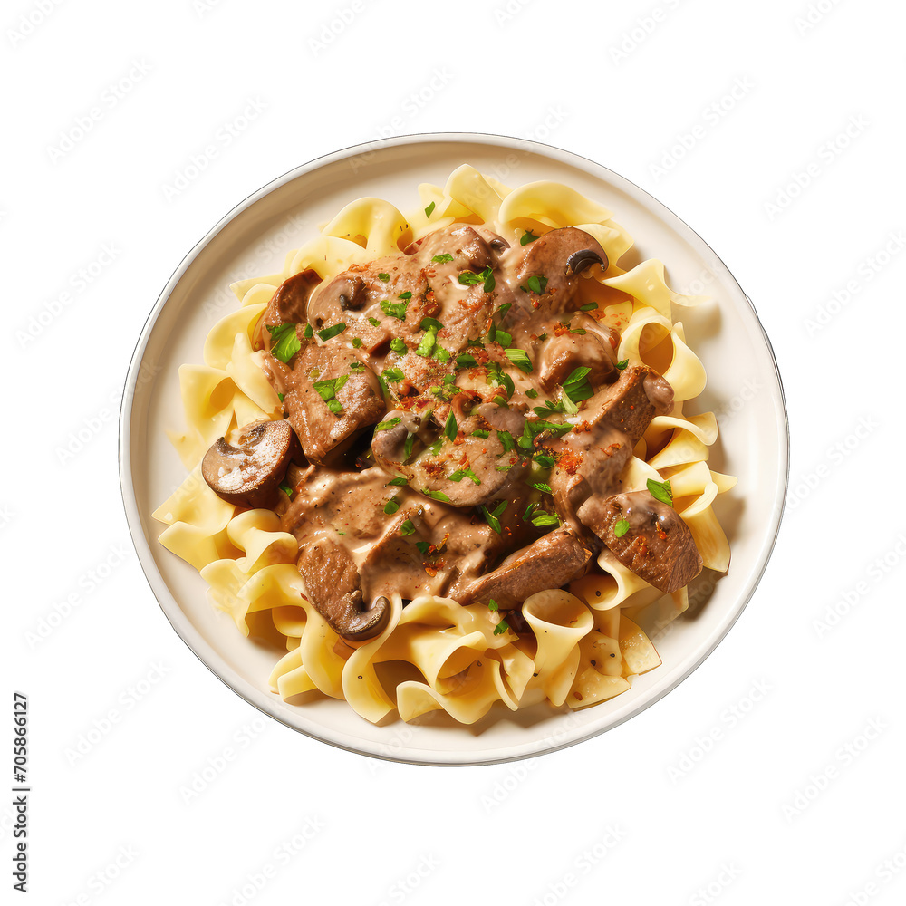 Beef Stroganoff, dish made from beef and noodles on transparent background