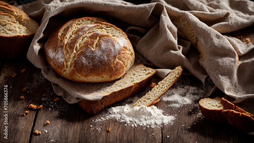 loaf of delicious bread on a wooden table just from the oven, generated by AI