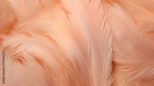 Feather background in Peach Fuzz shade, delicate color of the year, banner.
